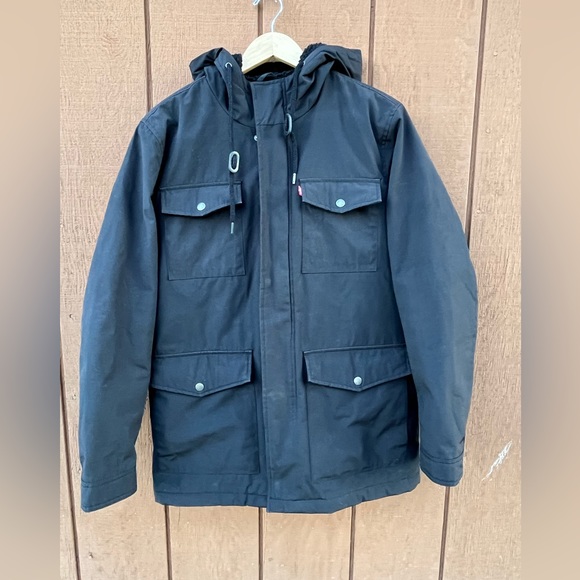 COPY - LEVI’S Sherpa lined mid-length black women’s hooded jacket. EUC - Picture 1 of 14